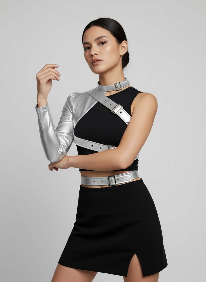 ROMWE Grunge Punk Women Short Asymmetric One Shoulder Adjustable Button Solid Color Faux Leather Jacket