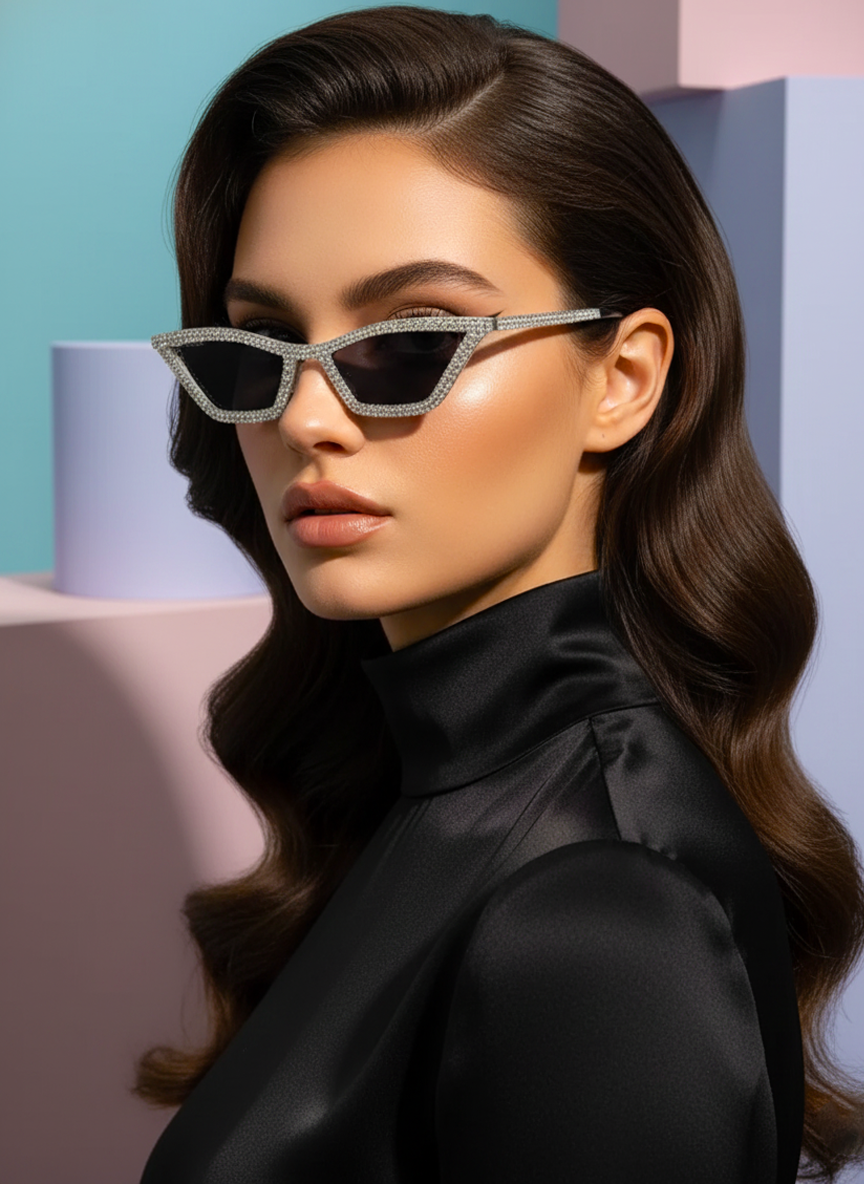 2pcs/Set Women's Crystal Embellished Pink Frame Y2K Luxury Party Catseye Glasses, Comes With Cleaning Cloth, For Beach, Party, Wedding; Also Available In Black & White Bridal Glasses Halloween Valentines For Summer Beach Vacation,Outd